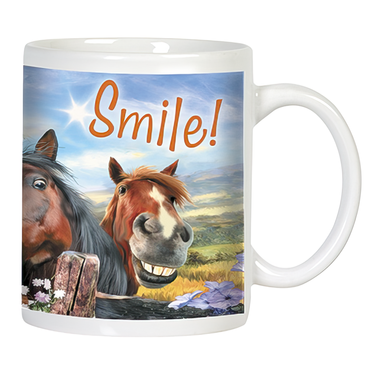 Close-up of a white ceramic mug featuring a smiling brown horse and a dark horse peeking from behind a wooden fence, with "Smile!" text and a sunny landscape background.