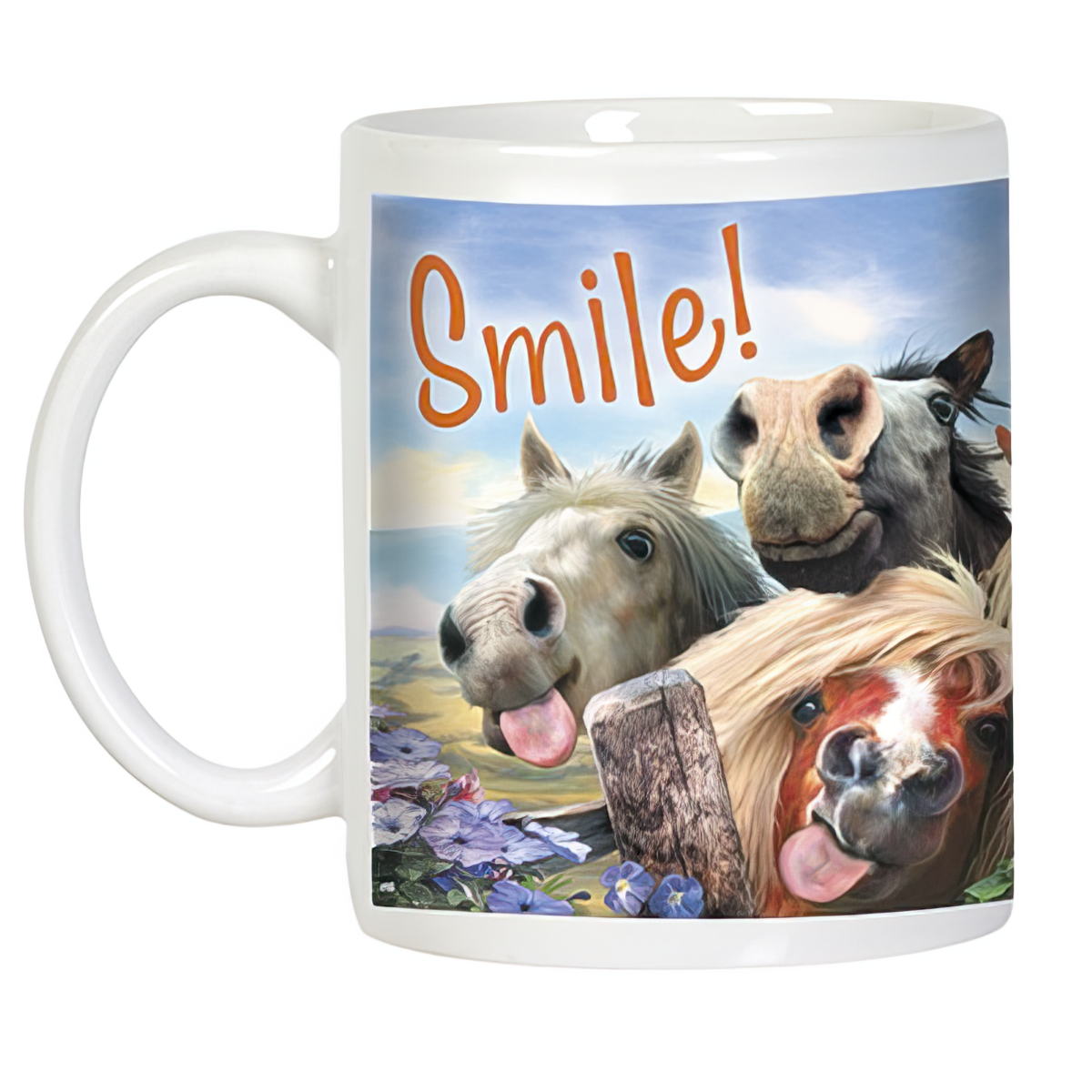 White ceramic mug featuring a wraparound funny horse design. Three cartoon horses are depicted with amusing faces, including one with buck teeth and a wide smile, and two with tongues playfully sticking out. The word "Smile!" is written in orange script above them, against a bright sky and green field background.