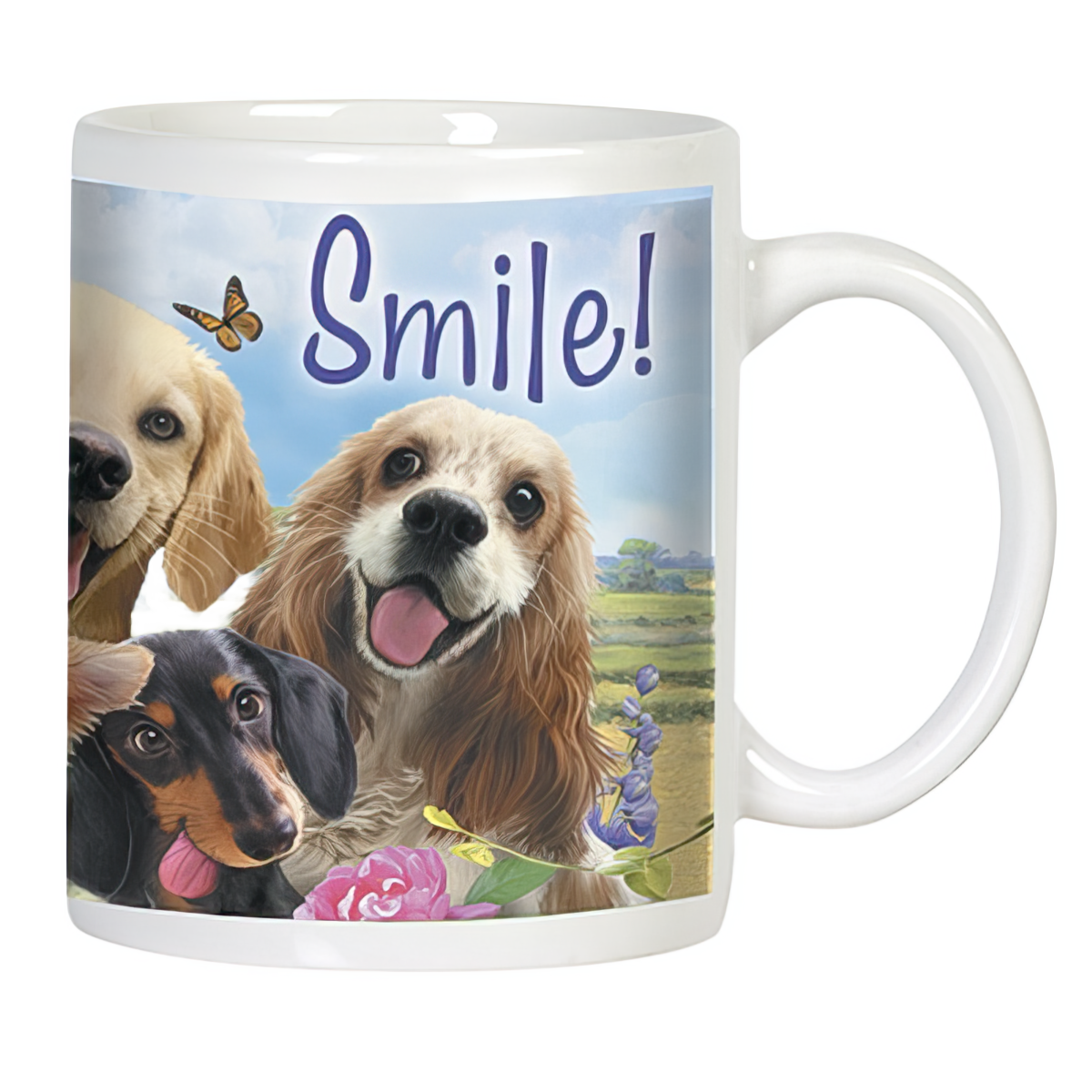Front view of a white ceramic mug with 'Smile!' text and a collage of a smiling Golden Retriever, Cocker Spaniel, and Dachshund, featuring a butterfly and pastoral background.
