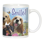 Front view of a white ceramic mug with "Smile!" text, featuring a golden retriever, cocker spaniel, and dachshund with happy expressions amidst flowers and a butterfly.