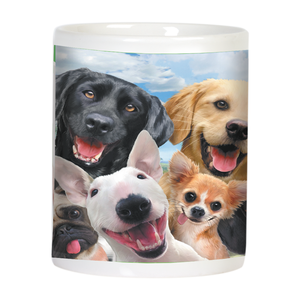 Side view (right side) of the white ceramic mug, showcasing a group of diverse happy dogs including a black labrador, golden retriever, bull terrier, chihuahua, and pug, smiling against a vibrant landscape.