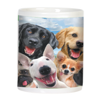 Side view (right side) of the white ceramic mug, showcasing a group of diverse happy dogs including a black labrador, golden retriever, bull terrier, chihuahua, and pug, smiling against a vibrant landscape.