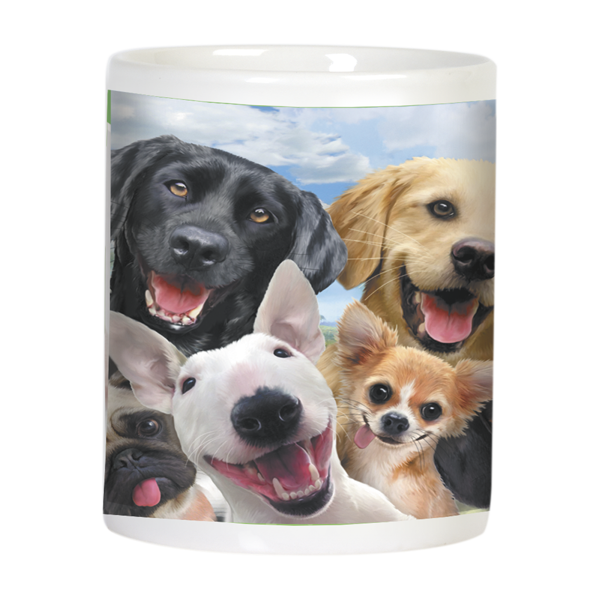 Side view (right side) of the white ceramic mug, showcasing a group of diverse happy dogs including a black labrador, golden retriever, bull terrier, chihuahua, and pug, smiling against a vibrant landscape.