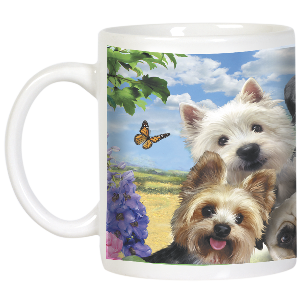 Close-up of a white dog-themed mug displaying a Westie, Yorkshire Terrier, and Pug smiling, with purple flowers and a butterfly in a sunny field backdrop.