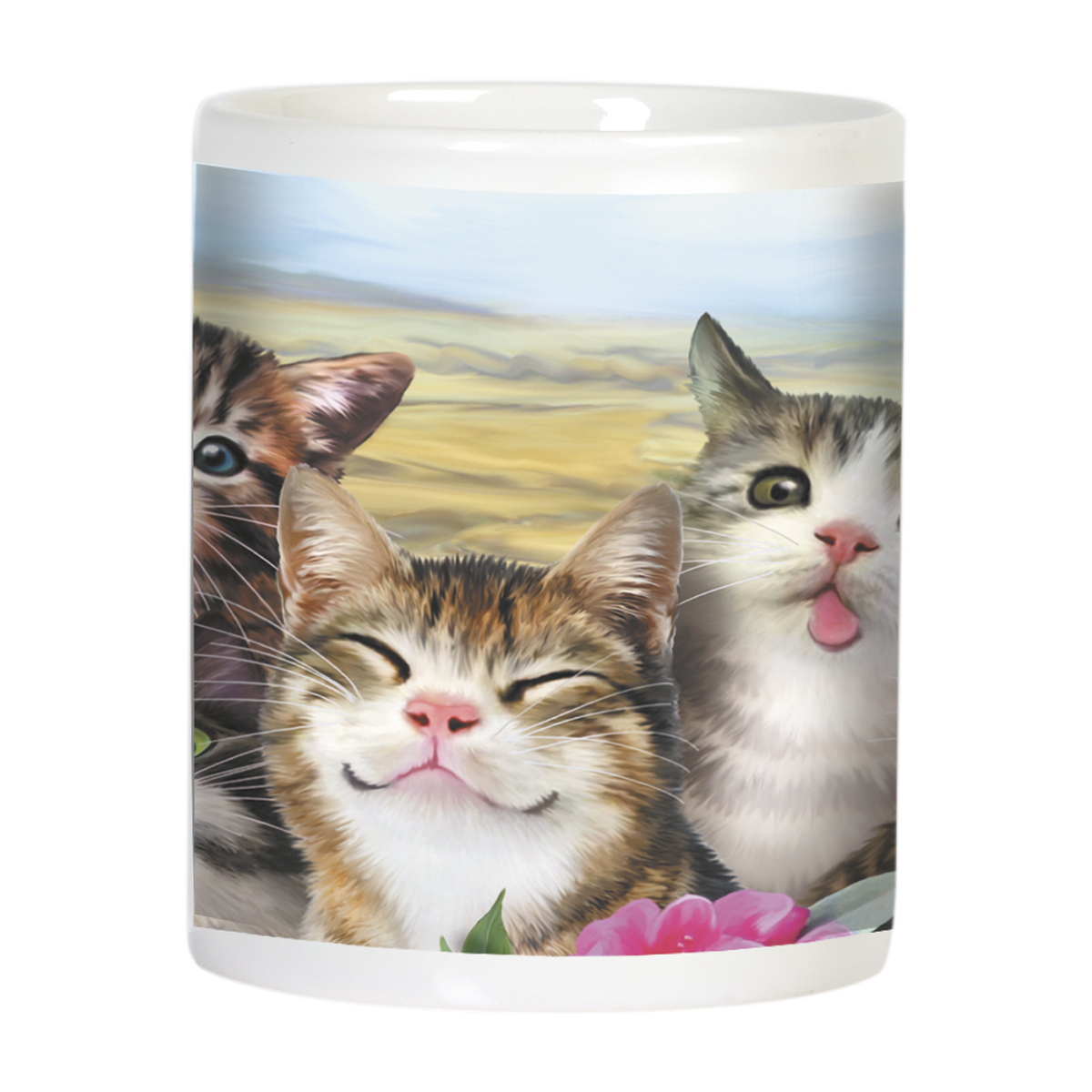 Close-up of a white mug showcasing a trio of happy, smiling kittens; one with eyes closed in delight, surrounded by soft pink flowers.