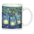 Front view of a white ceramic mug with 'Be a Light to the World' design. The design features three glowing mason jars hanging from leafy branches, illustrating a warm, encouraging message.