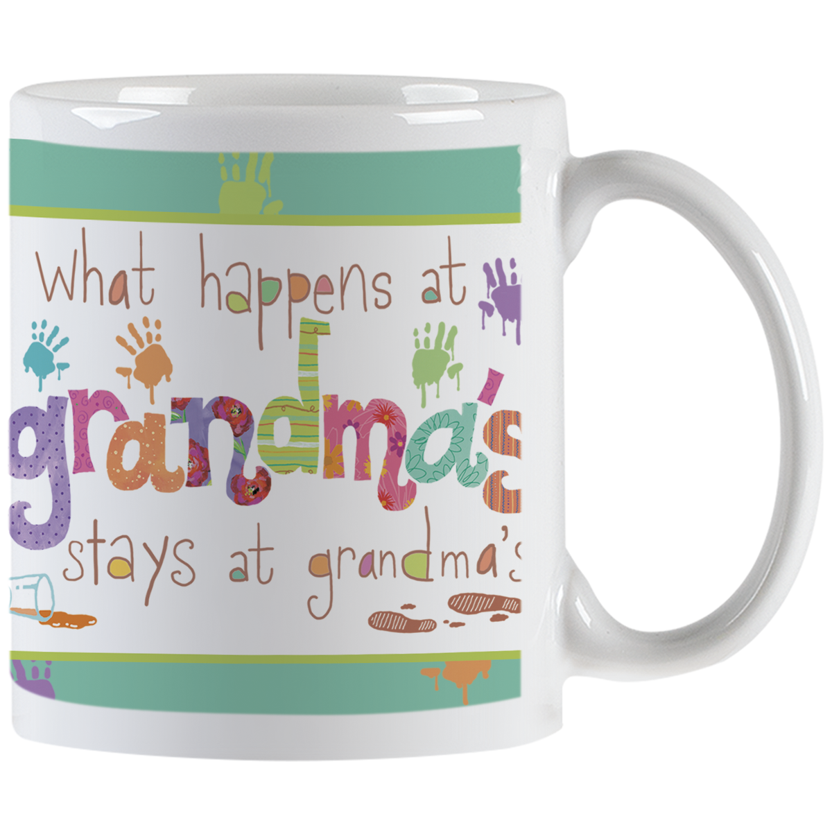 White ceramic mug with 'What happens at grandma's stays at grandma's' text in colorful, playful fonts with paint splatters and handprints, perfect funny gift for grandmothers.