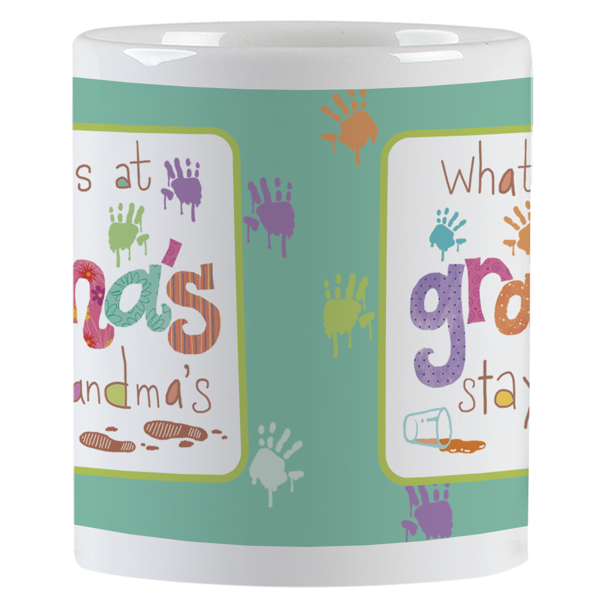 Close-up side view of a white ceramic mug, showing colorful 'grandma's stays at grandma's' text with various colored handprints and paint drops, ideal for a grandparent's humorous coffee cup.