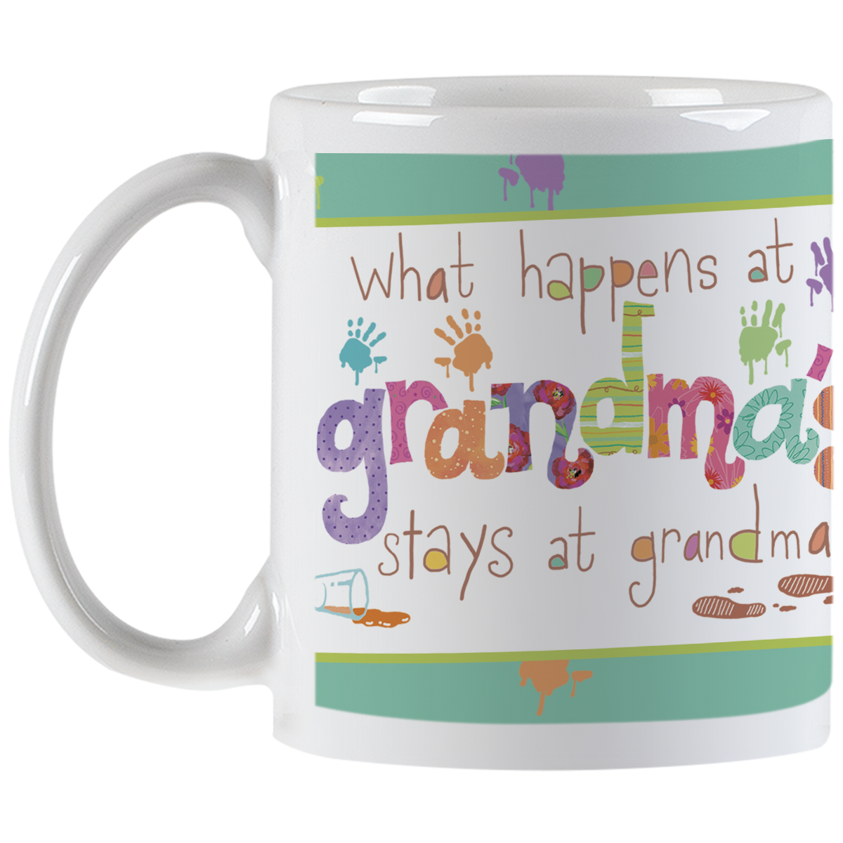 Angled view of a white ceramic handle mug featuring the full colorful 'What happens at grandma's stays at grandma's' quote, surrounded by playful handprints and paint splatters, a unique gift for grandmas.