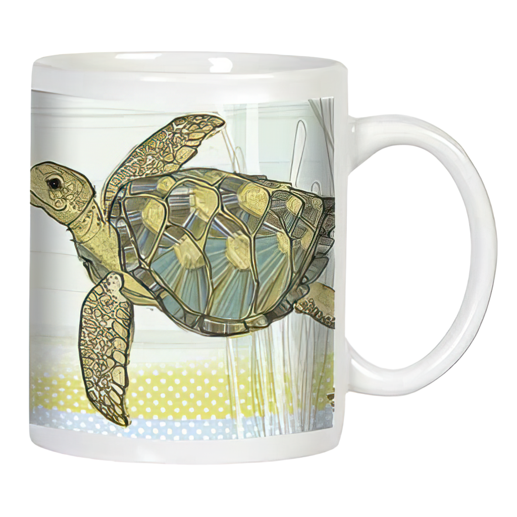 Close-up of a white ceramic mug featuring a detailed, patterned sea turtle swimming against a light background with subtle yellow and blue dots.