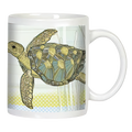 Close-up of a white ceramic mug featuring a detailed, patterned sea turtle swimming against a light background with subtle yellow and blue dots.