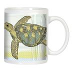 Close-up of a white ceramic mug featuring a detailed, patterned sea turtle swimming against a light background with subtle yellow and blue dots.