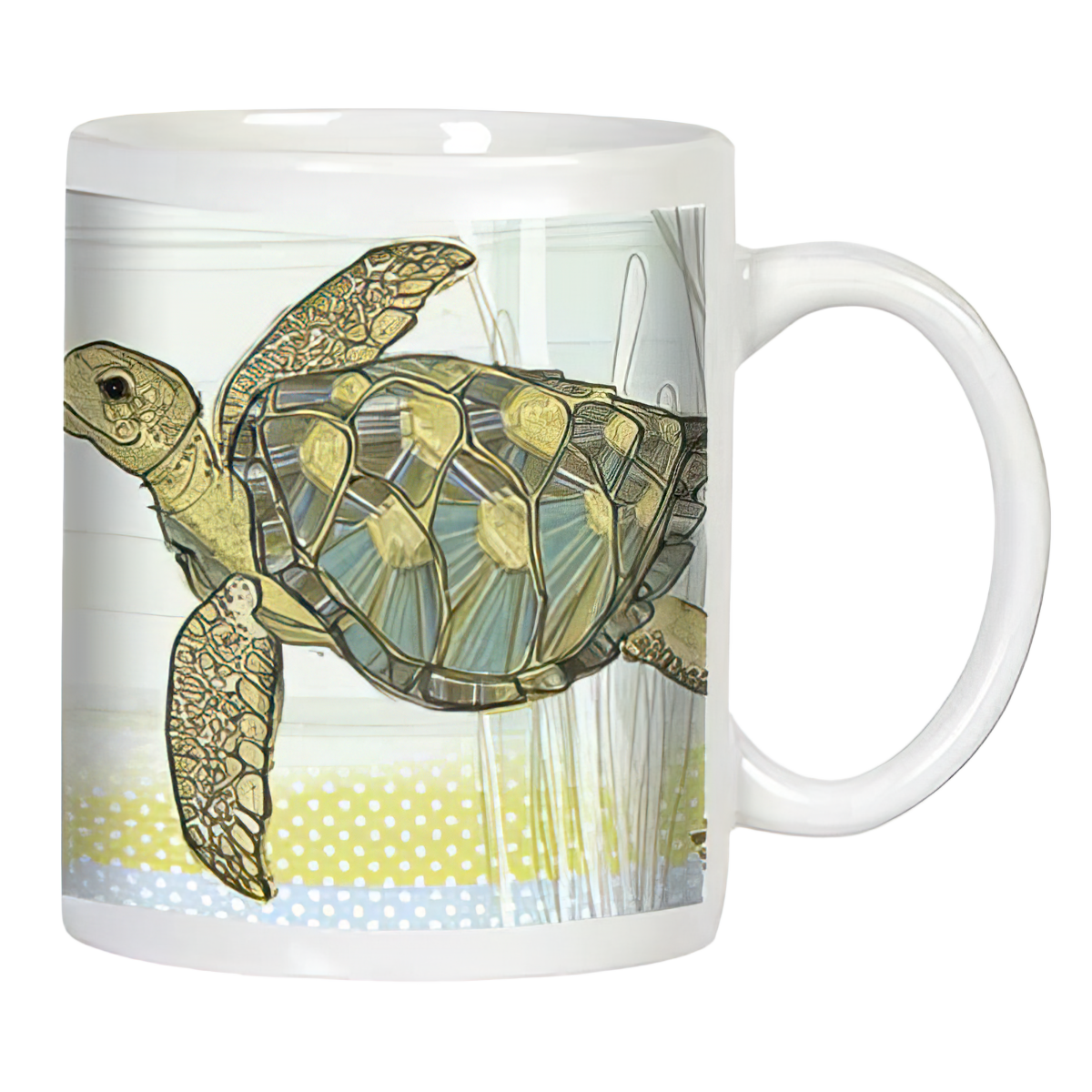 Close-up of a white ceramic mug featuring a detailed, patterned sea turtle swimming against a light background with subtle yellow and blue dots.