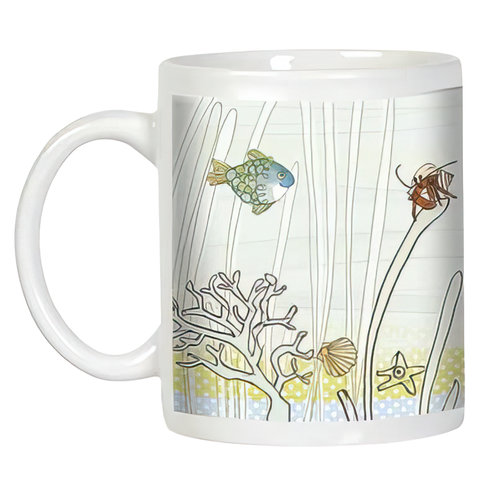 White ceramic mug displaying a full underwater scene with a fish, crab, starfish, coral, and various sea plants, with a white handle visible.