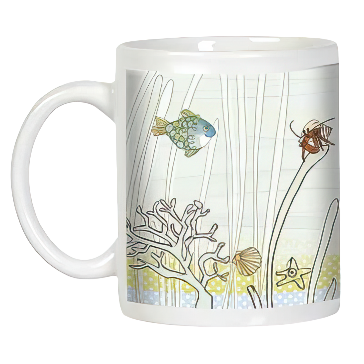 White ceramic mug displaying a full underwater scene with a fish, crab, starfish, coral, and various sea plants, with a white handle visible.