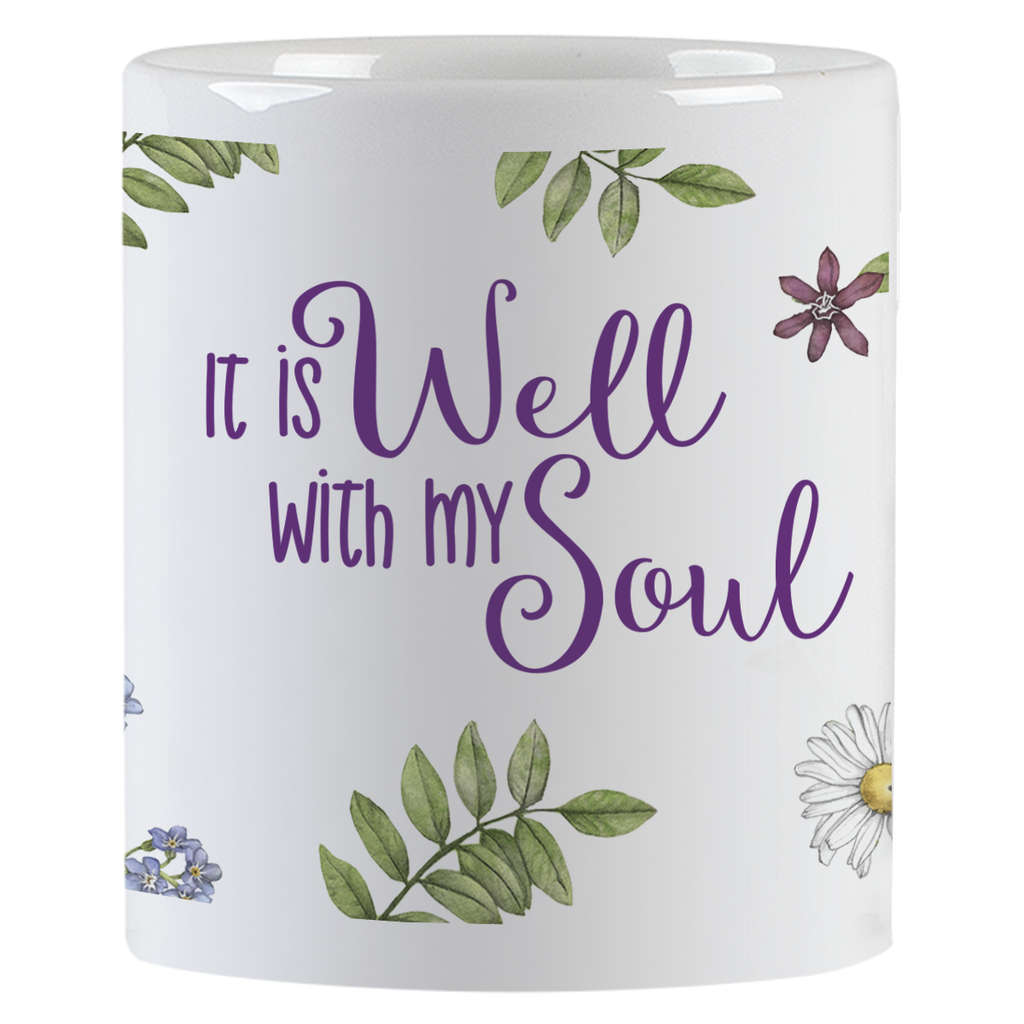 Front view of the 'It is Well with my Soul' coffee mug, showcasing the elegant purple script surrounded by detailed watercolor birds, daisies, and delicate foliage, perfect for daily encouragement.