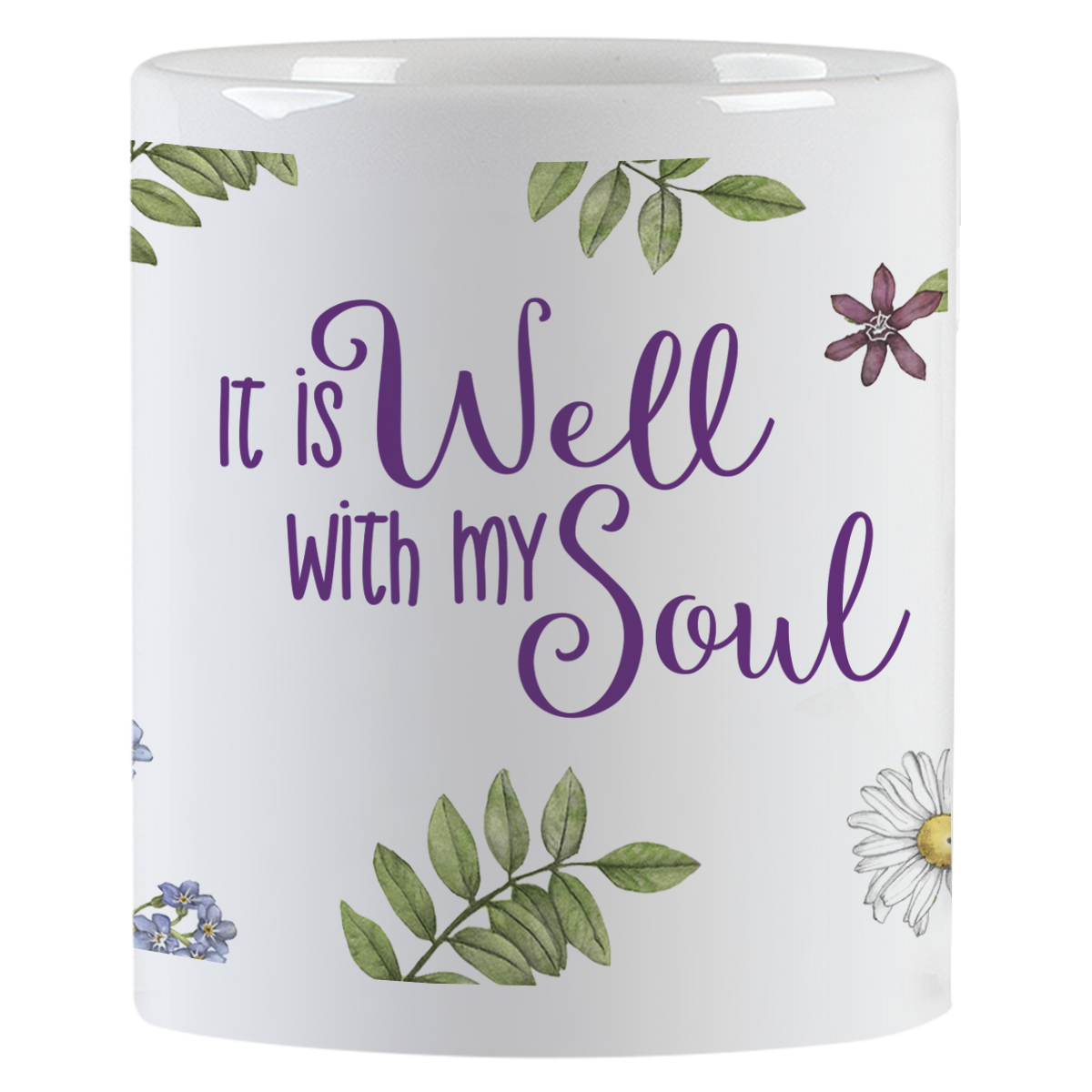 Front view of the 'It is Well with my Soul' coffee mug, showcasing the elegant purple script surrounded by detailed watercolor birds, daisies, and delicate foliage, perfect for daily encouragement.