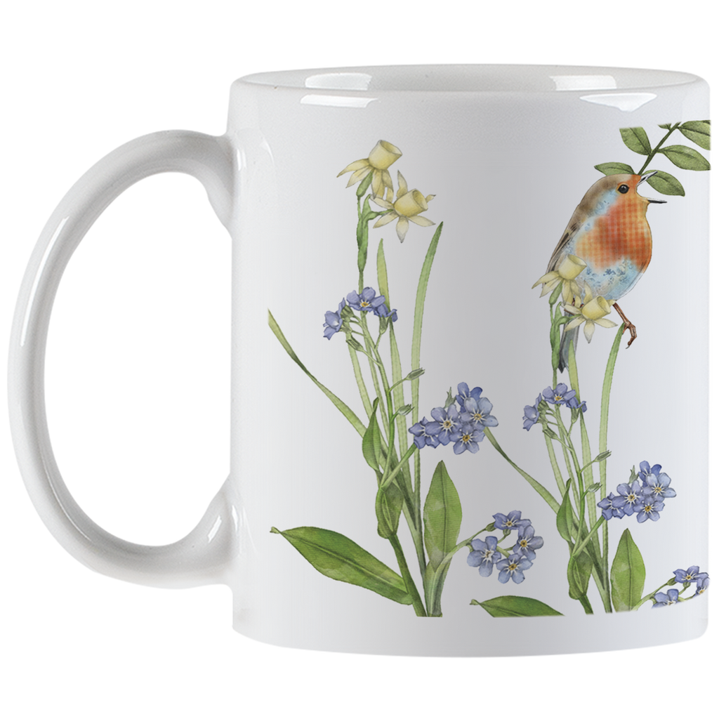 Side profile of the 'It is Well with my Soul' inspirational mug, displaying a charming robin perched among vibrant yellow daffodils and blue forget-me-nots, with the comfortable handle in view.