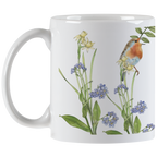 Side profile of the 'It is Well with my Soul' inspirational mug, displaying a charming robin perched among vibrant yellow daffodils and blue forget-me-nots, with the comfortable handle in view.