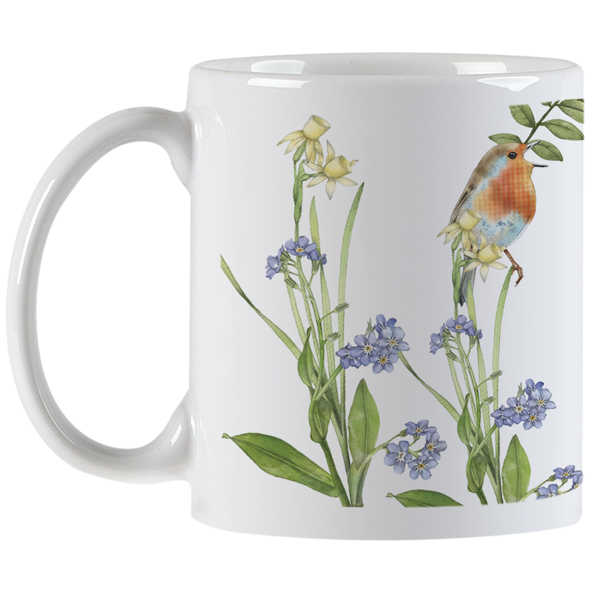 Side profile of the 'It is Well with my Soul' inspirational mug, displaying a charming robin perched among vibrant yellow daffodils and blue forget-me-nots, with the comfortable handle in view.