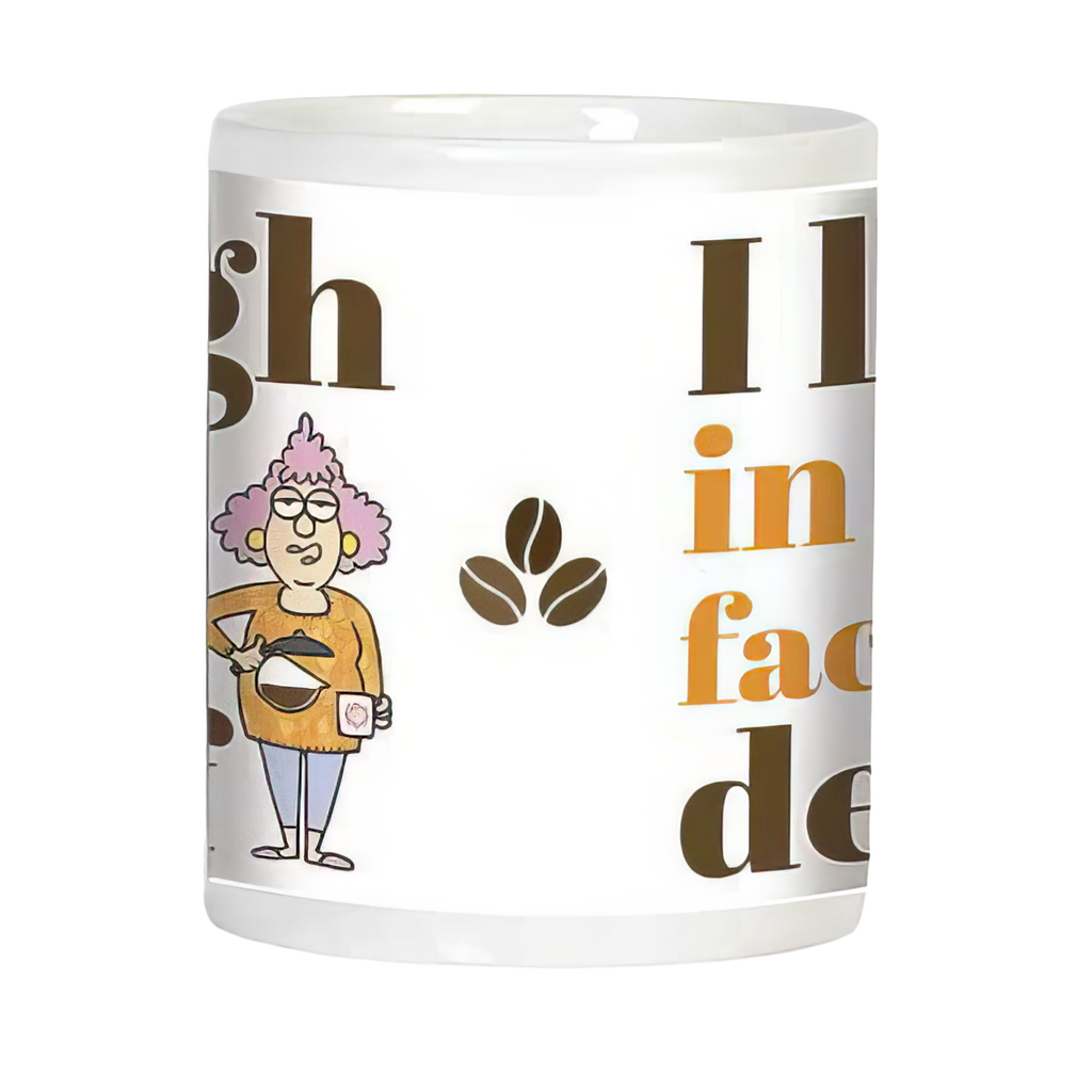 Side view of the 'I laugh in the face of decaf' coffee mug, showing coffee beans design and the cartoon character.