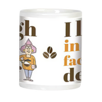 Side view of the 'I laugh in the face of decaf' coffee mug, showing coffee beans design and the cartoon character.