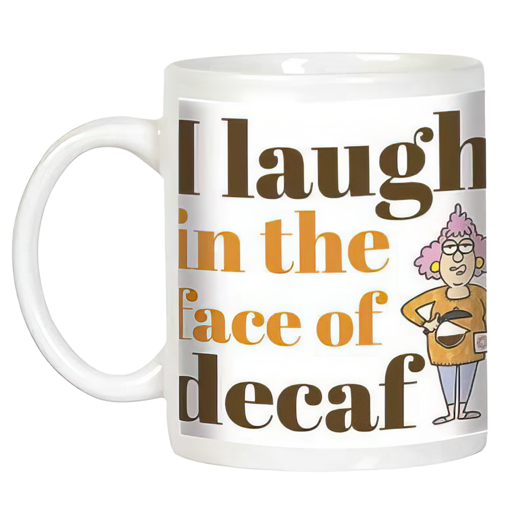 Angled front view of the funny coffee mug, highlighting the text and cartoon of a woman with a coffee pot.
