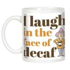 Angled front view of the funny coffee mug, highlighting the text and cartoon of a woman with a coffee pot.