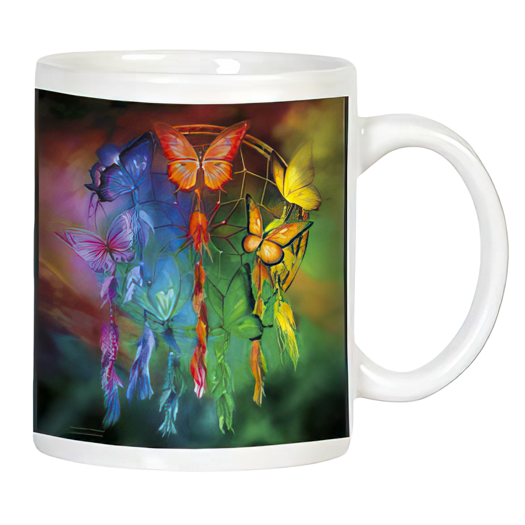 Front view of white ceramic mug with a vibrant, colorful dreamcatcher design featuring multiple butterflies.