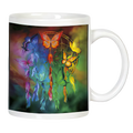 Front view of white ceramic mug with a vibrant, colorful dreamcatcher design featuring multiple butterflies.