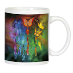 Front view of white ceramic mug with a vibrant, colorful dreamcatcher design featuring multiple butterflies.