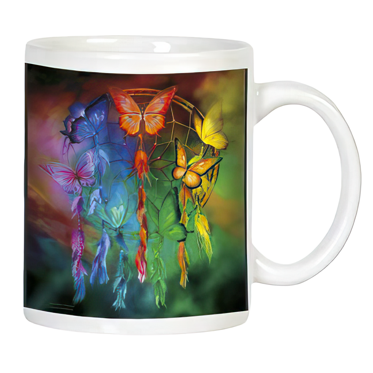 Front view of white ceramic mug with a vibrant, colorful dreamcatcher design featuring multiple butterflies.