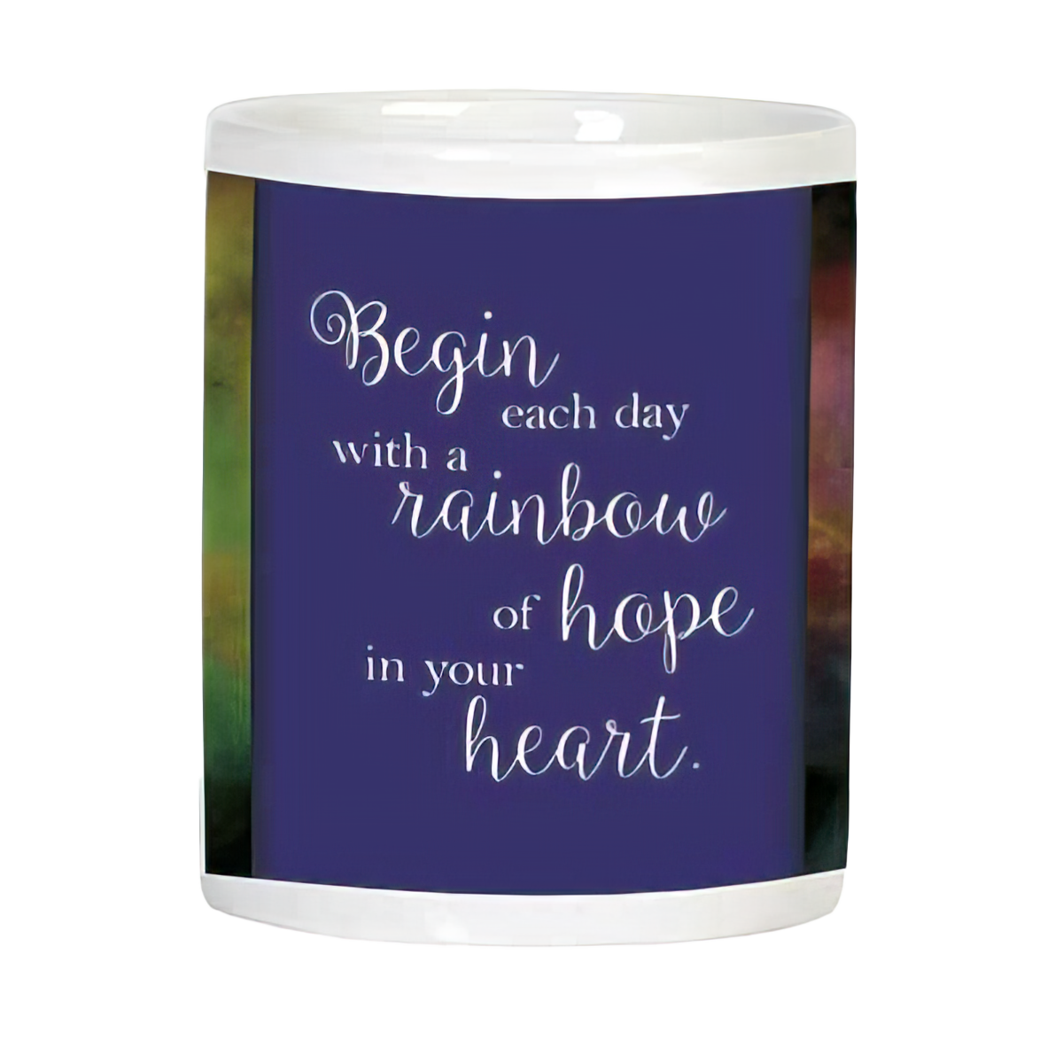 Side view of white ceramic mug displaying an inspirational quote 'Begin each day with a rainbow of hope in your heart' on a deep purple background.