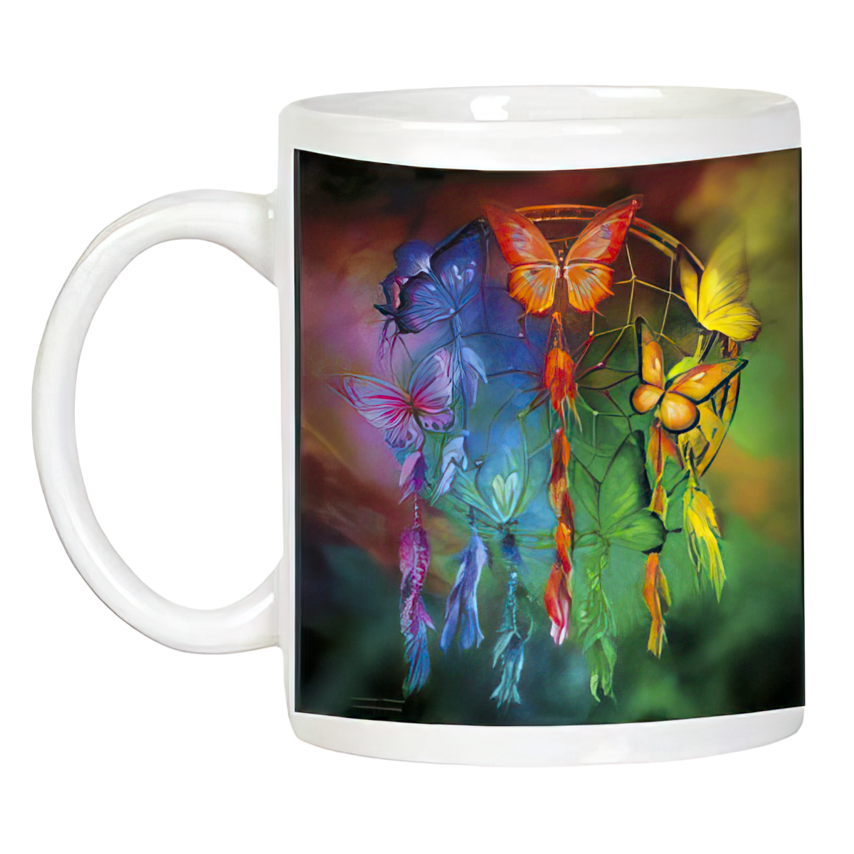 Angled view of a white coffee mug showcasing the intricate dreamcatcher artwork with rainbow-colored butterflies and feathers.