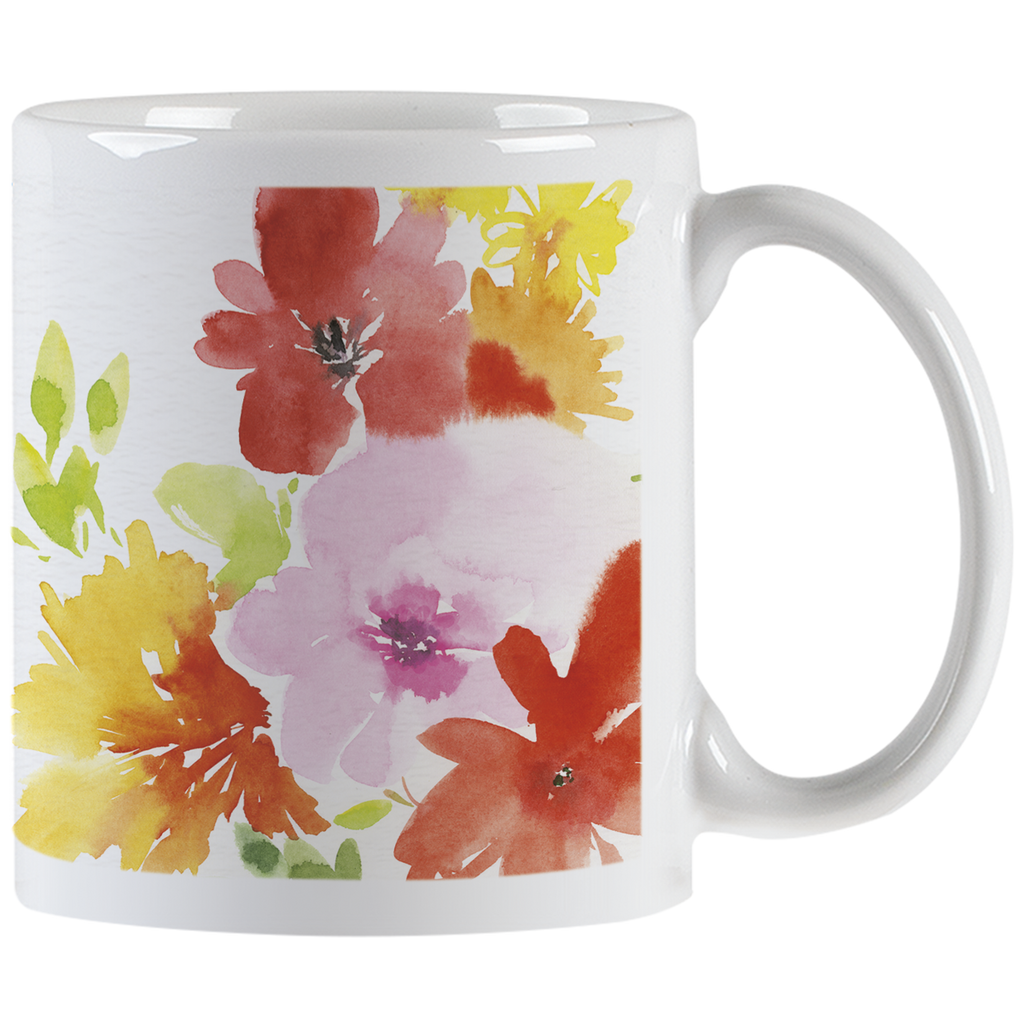 White ceramic mug with vibrant watercolor floral design featuring red, pink, yellow, and orange blossoms, with a white handle visible on the right.