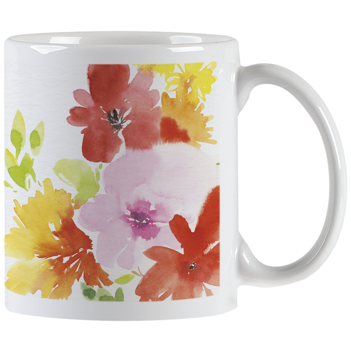 White ceramic mug with vibrant watercolor floral design featuring red, pink, yellow, and orange blossoms, with a white handle visible on the right.