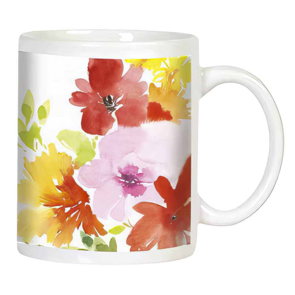 White ceramic coffee mug with vibrant watercolor floral print featuring red, pink, yellow, and orange blooms.