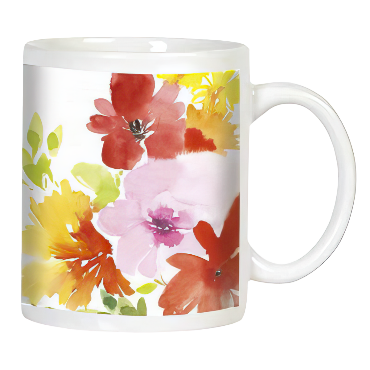 White ceramic coffee mug with vibrant watercolor floral print featuring red, pink, yellow, and orange blooms.