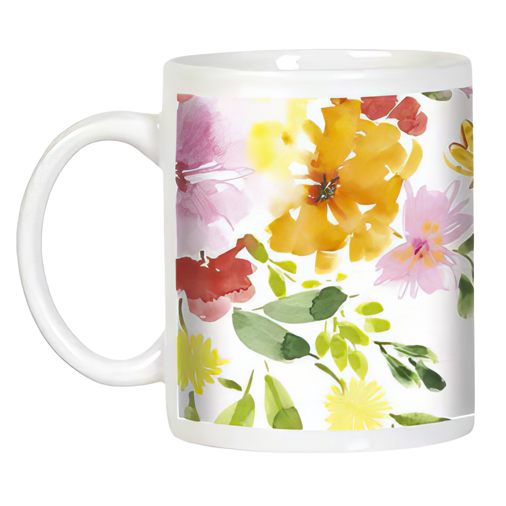 Back view of a white ceramic mug showcasing a beautiful watercolor bouquet with yellow, pink, orange, and red flowers and lush green leaves.