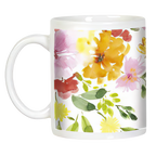 Back view of a white ceramic mug showcasing a beautiful watercolor bouquet with yellow, pink, orange, and red flowers and lush green leaves.