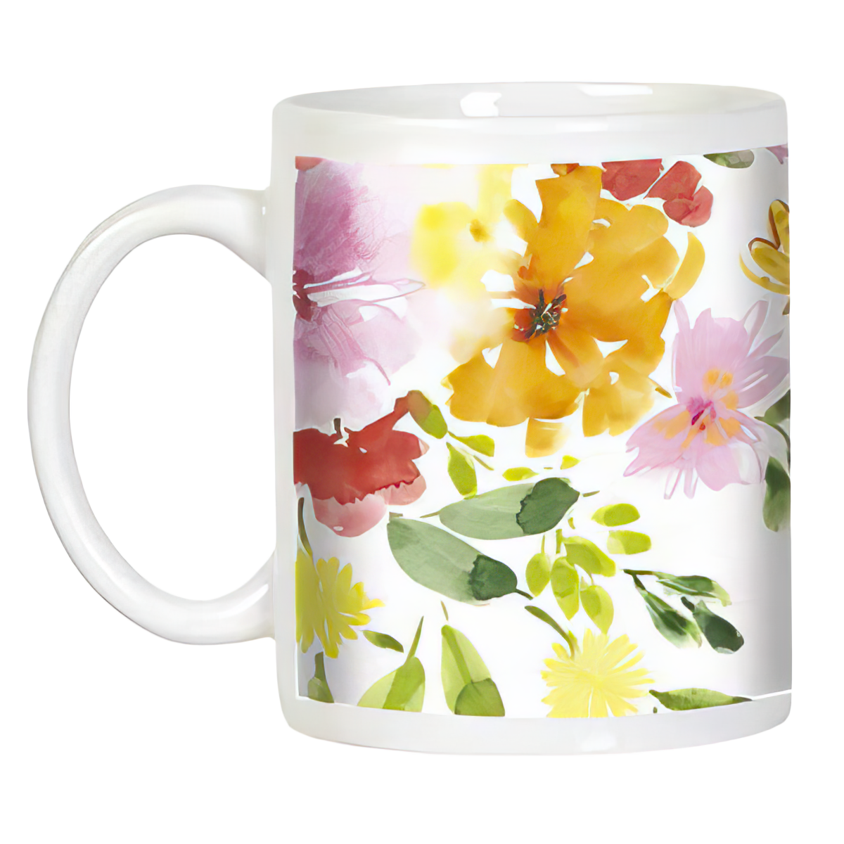Back view of a white ceramic mug showcasing a beautiful watercolor bouquet with yellow, pink, orange, and red flowers and lush green leaves.