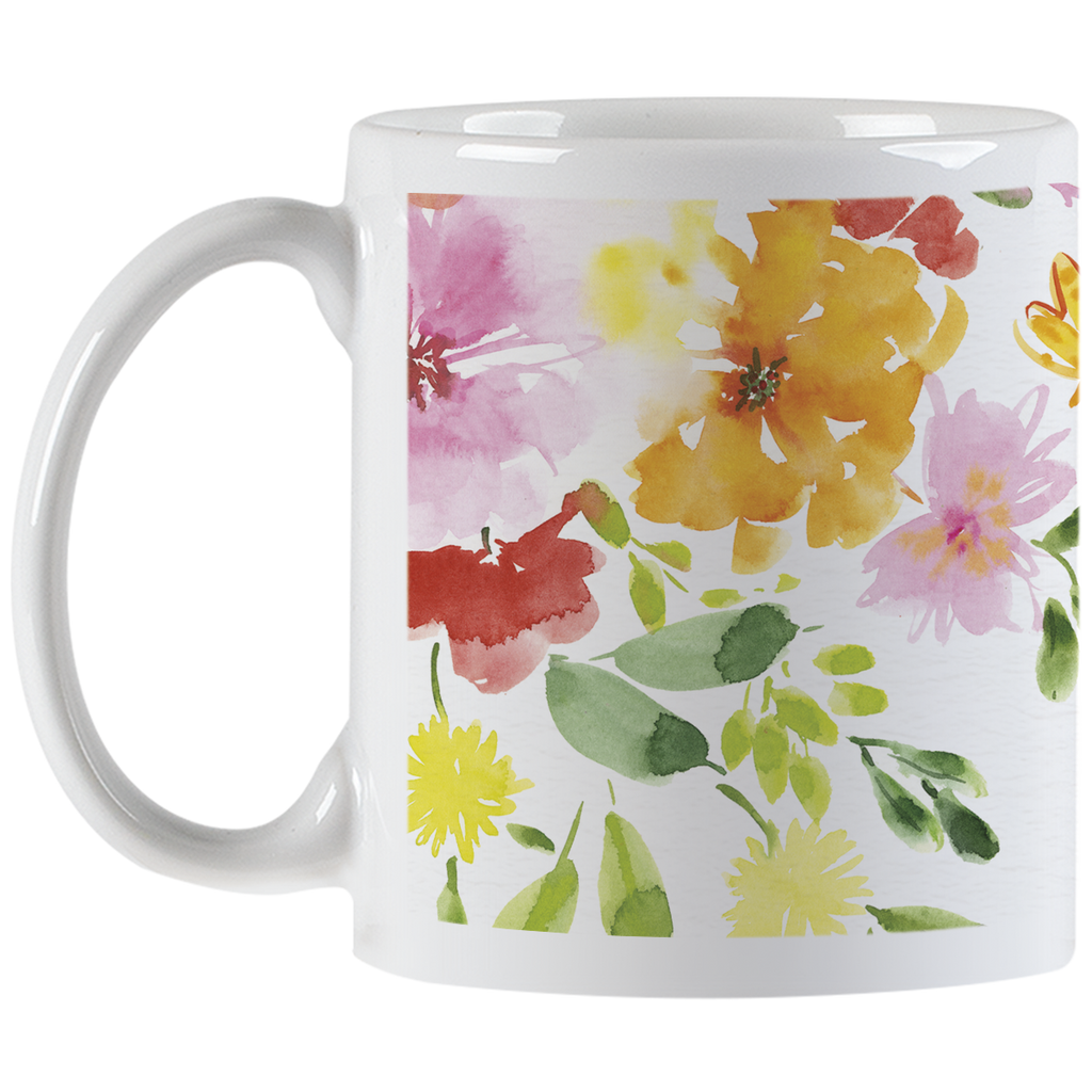Back view of a white ceramic mug showcasing a full wrap-around watercolor floral pattern with pink, yellow, orange, and red flowers and green leaves, with the handle on the left.