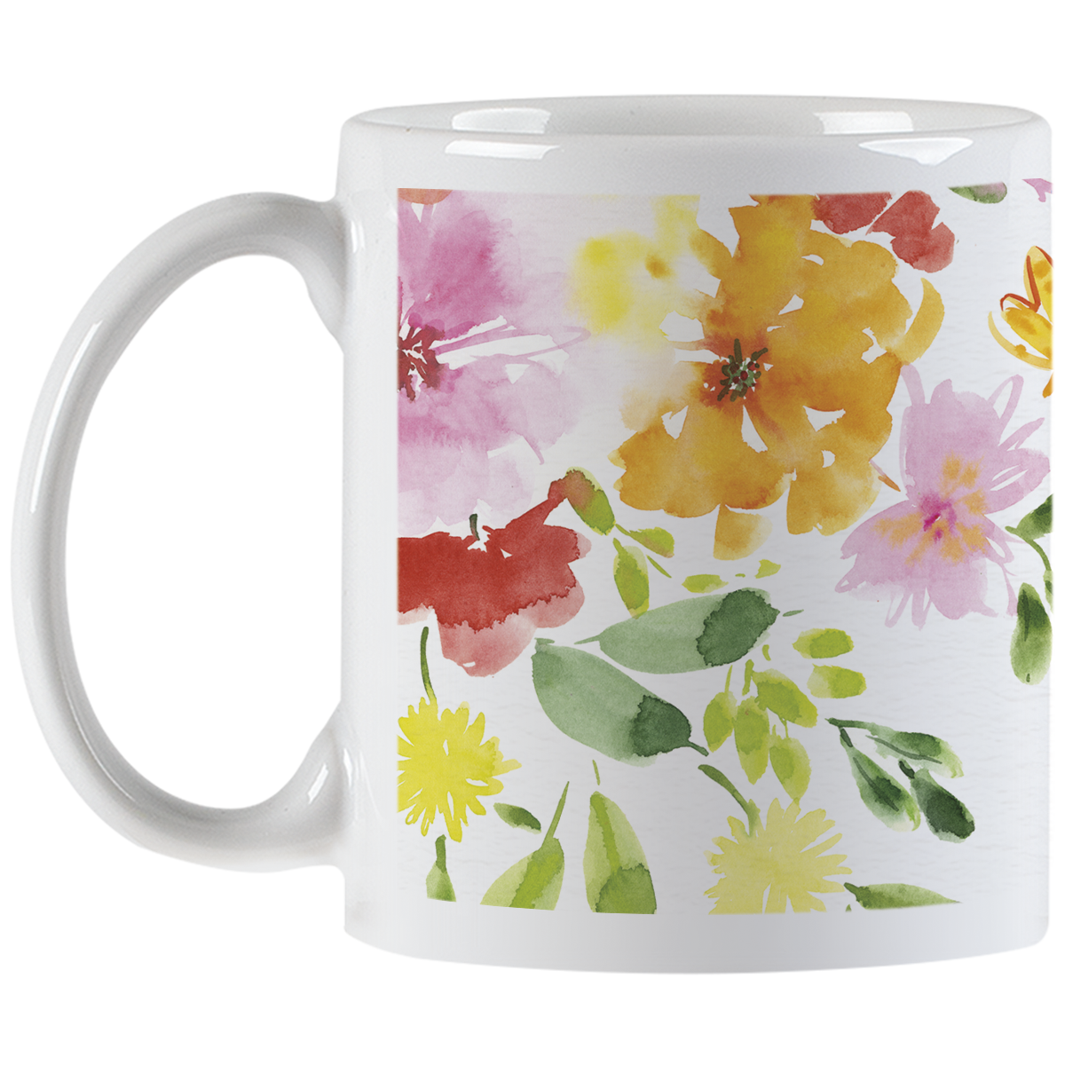 Back view of a white ceramic mug showcasing a full wrap-around watercolor floral pattern with pink, yellow, orange, and red flowers and green leaves, with the handle on the left.