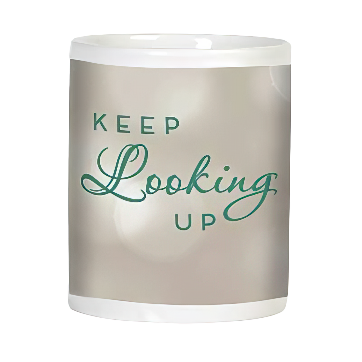 Side view of an inspirational white ceramic mug displaying 'KEEP Looking UP' in elegant green script on a subtle, bokeh-effect light grey background.