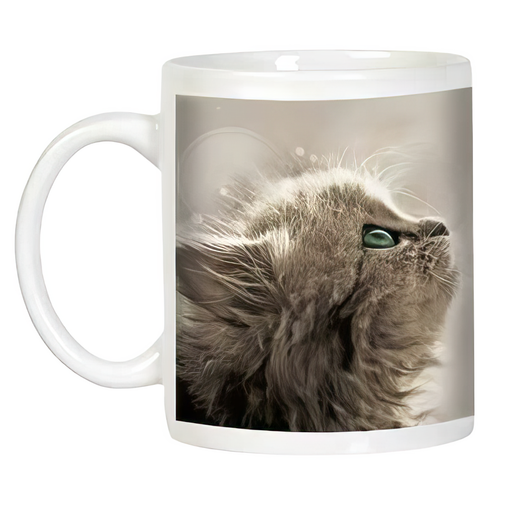 High-quality white ceramic mug featuring an adorable fluffy grey cat with striking green eyes, looking hopefully upwards, positioned to the right of the handle.