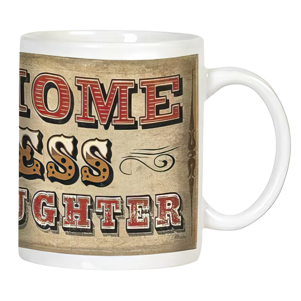 White ceramic coffee mug with vintage-style text, featuring ornate, embossed-look lettering for 'OME & BLESS LAUGHTER' against a distressed beige background. Perfect heartfelt gift.