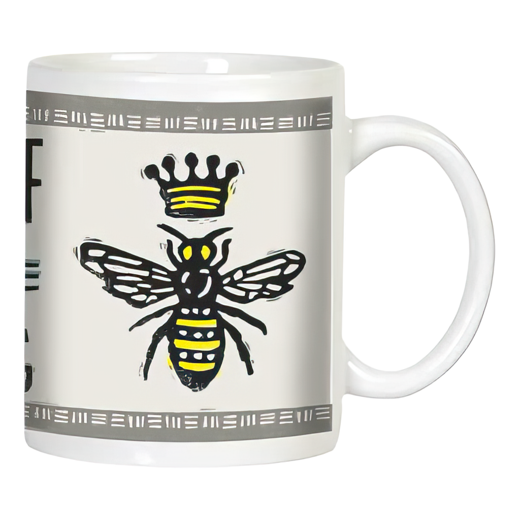 White ceramic mug with handle, featuring a bold black and yellow queen bee and crown illustration, with partial text 'QUEEN OF' visible. Ideal empowering mug for her.