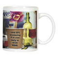 Humorous white ceramic mug featuring a retro illustration of a wine bottle and two glasses, with the witty text '...and 50% wondering if it's too early to drink WINE.' Perfect funny gift for wine lovers and friends.