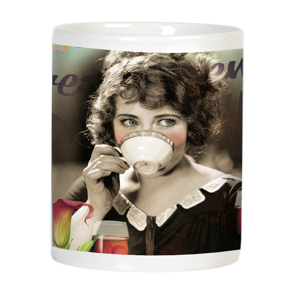 Side view of the funny ceramic mug, displaying a vintage-style image of a woman sipping from a teacup, hinting at the mug's playful and versatile beverage theme, with wine elements in the background.