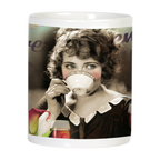 Side view of the funny ceramic mug, displaying a vintage-style image of a woman sipping from a teacup, hinting at the mug's playful and versatile beverage theme, with wine elements in the background.